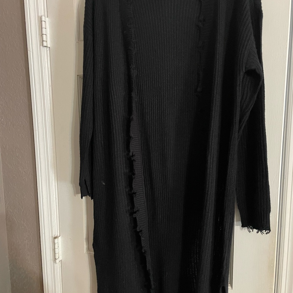 Black Women’s Long Ribbed Open-Front Sweater Cardigan